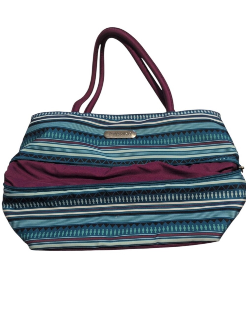 Tupperware Blue Teal Geometric Insulated Tote Bag Purple Handles - Picture 3 of 7